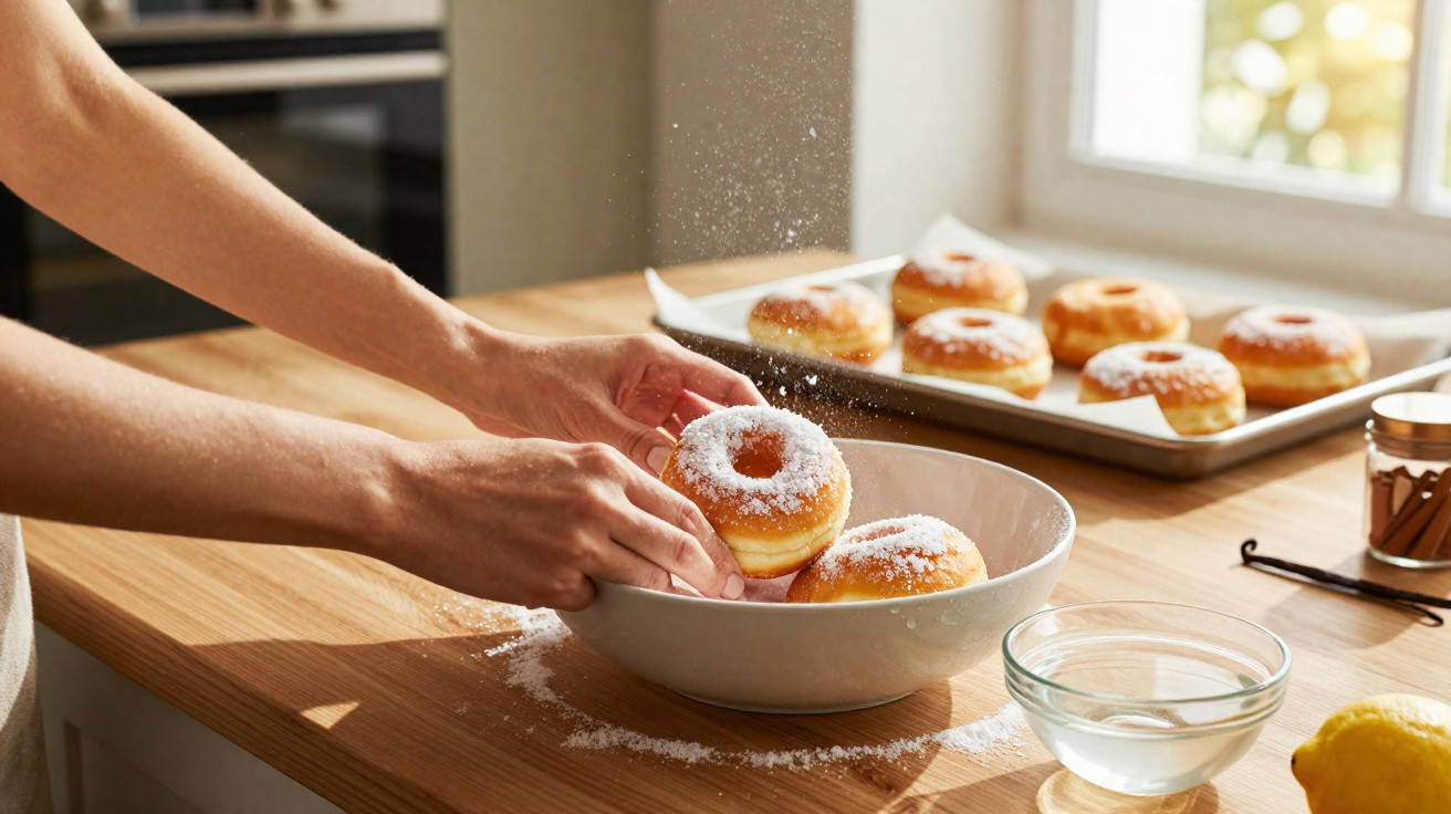 Mãos a polvilhar açúcar em várias rosquilhas numa tigela sobre uma bancada de cozinha iluminada.