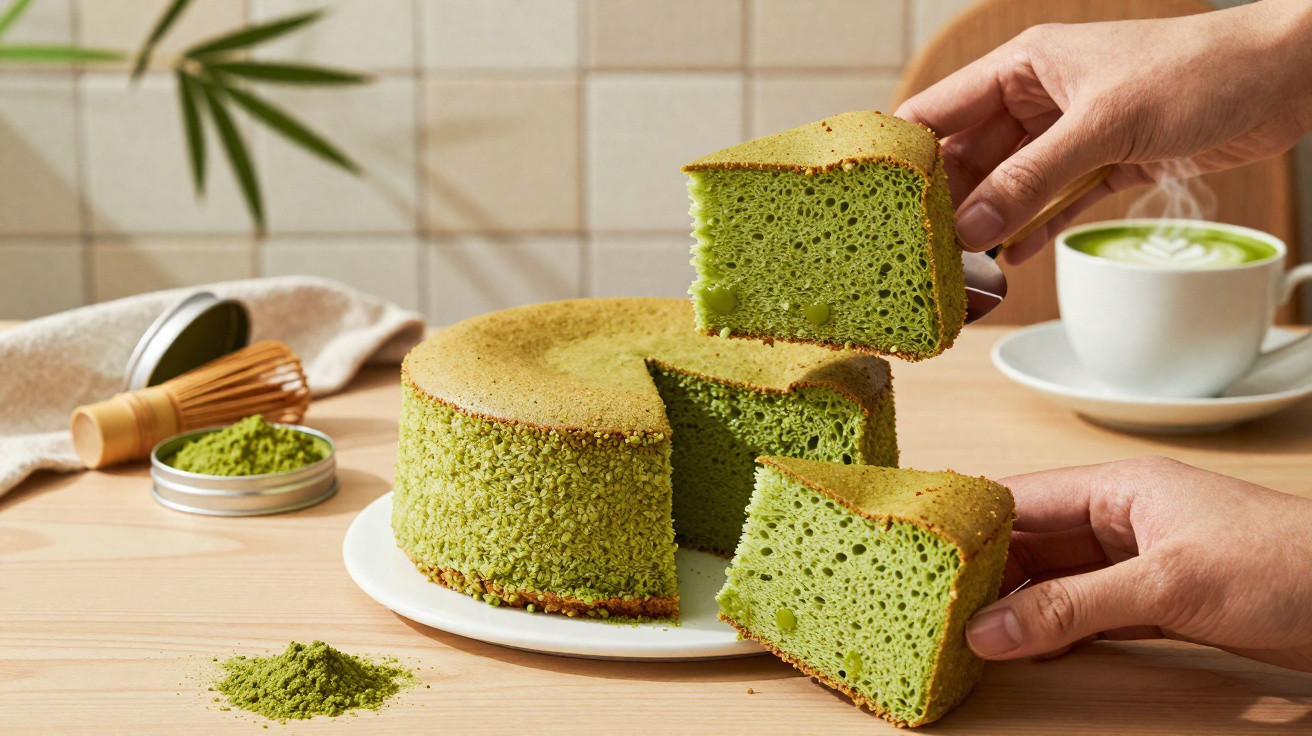 Bolo verde de matcha em prato branco, com duas fatias a ser servidas e chá matcha ao fundo.