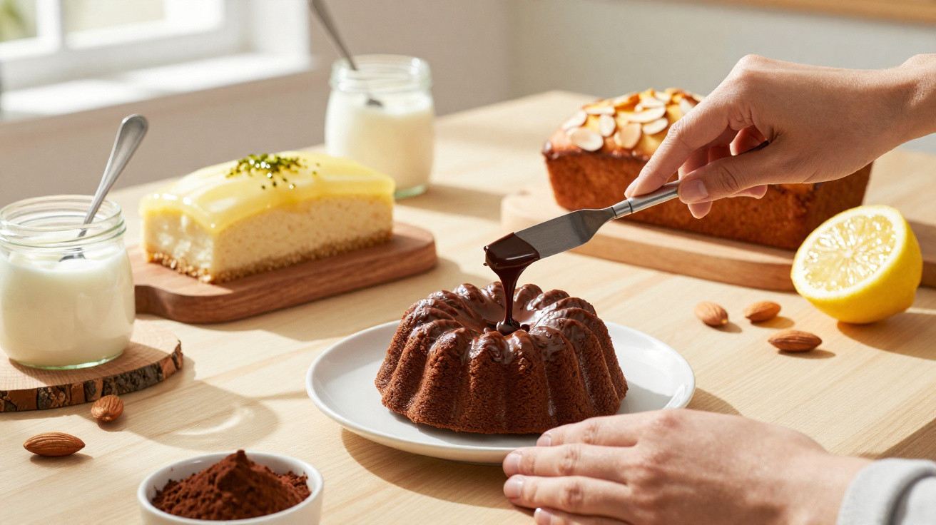 Mão a barrar bolo de chocolate com creme, rodeado de outros bolos, iogurtes, amêndoas e meio limão.
