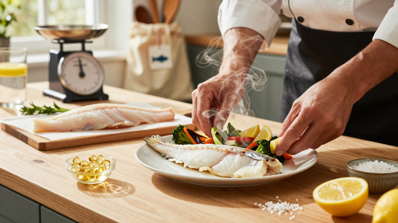 Chef a preparar prato com peixe grelhado, legumes variados e limão numa cozinha luminosa.