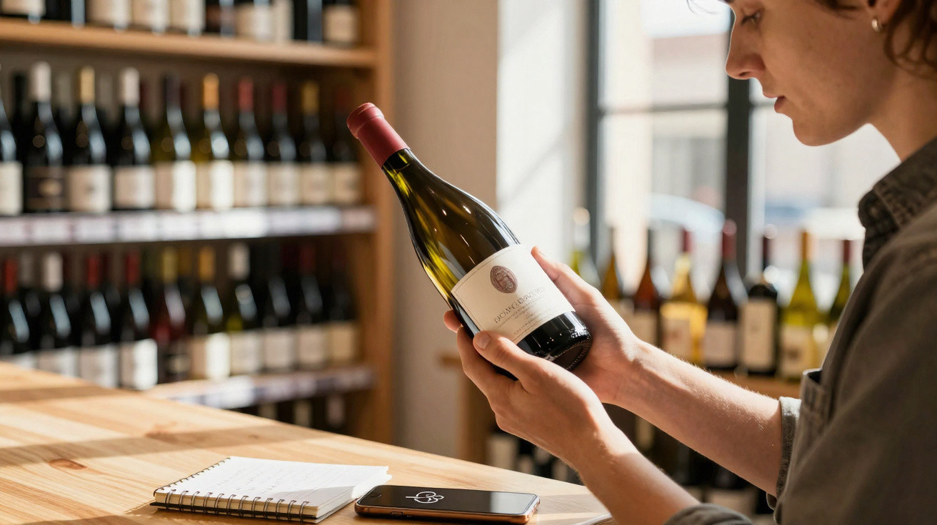 Pessoa a analisar rótulo de garrafa de vinho numa loja com várias garrafas na prateleira ao fundo.