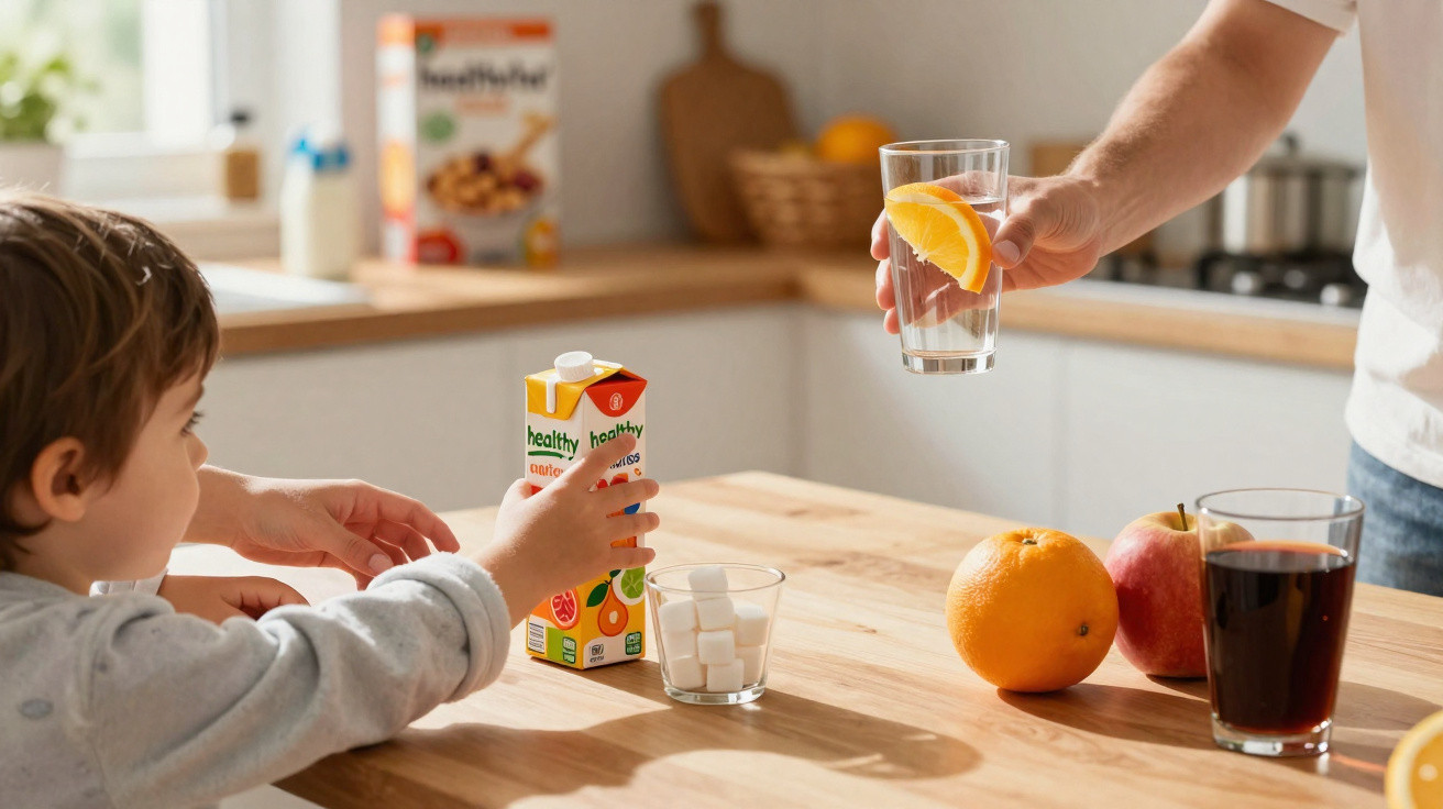 Criança e adulto à mesa de cozinha com sumos, fruta e copos, incluindo água com fatia de laranja.
