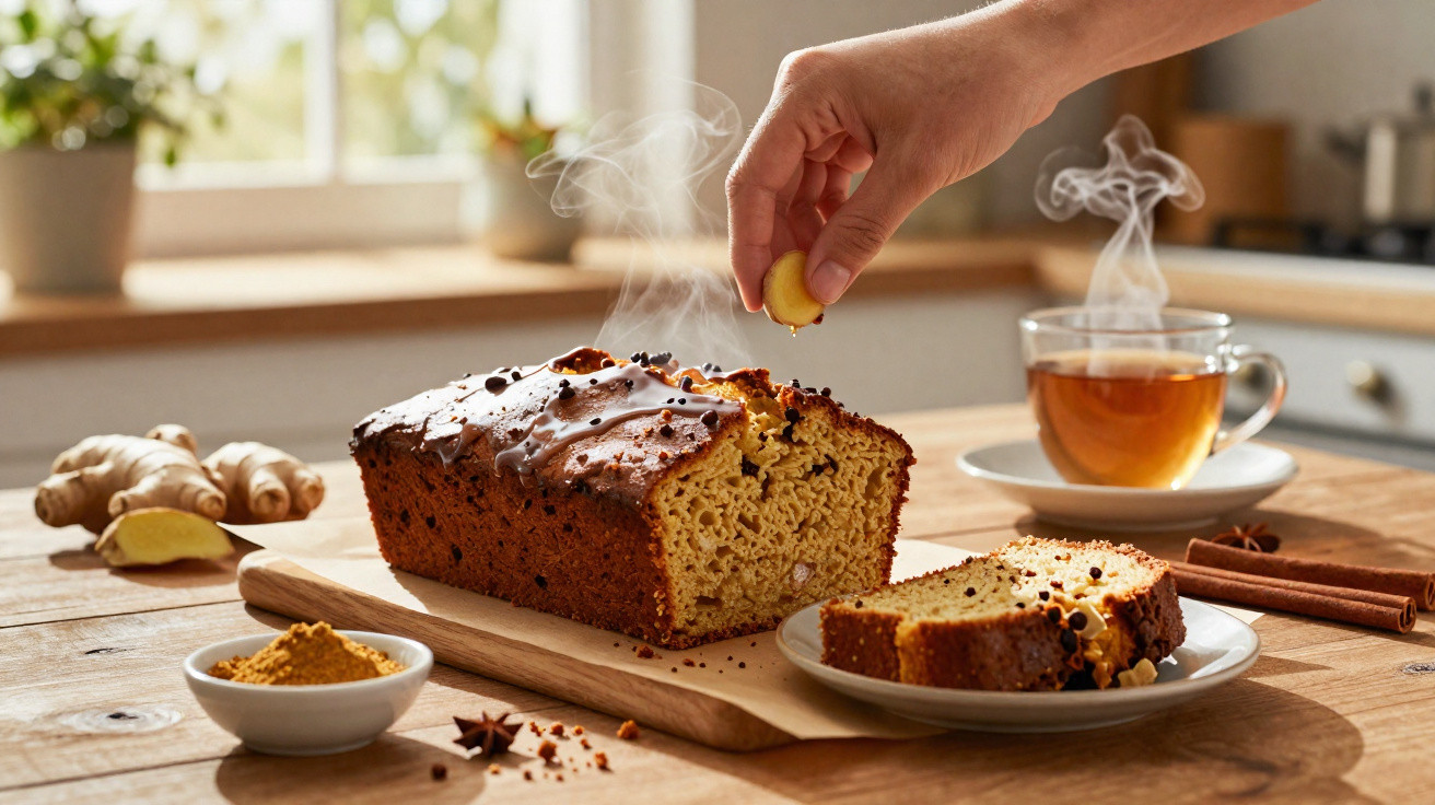 Bolo de gengibre fatiado com chá fumegante, canela e especiarias à mesa de madeira rústica.
