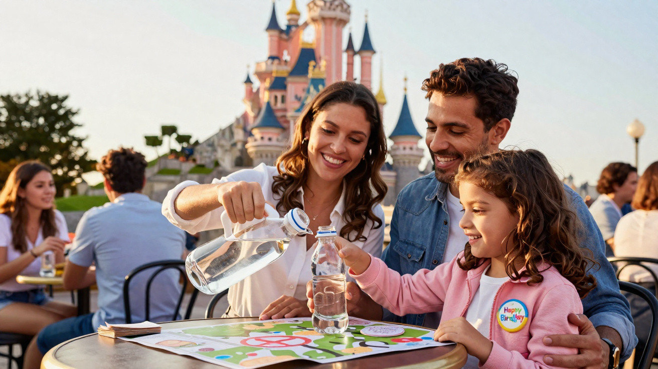 Família feliz a jogar jogos de tabuleiro numa mesa ao ar livre, com castelo cor-de-rosa ao fundo.
