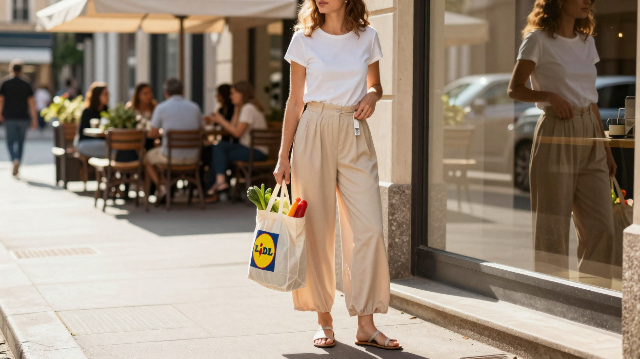 Mulher com calças bege e t-shirt branca caminha na rua com saco de compras Lidl cheio de legumes.