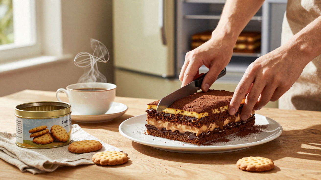 Pessoa a cortar doce de chocolate e café fumegante numa mesa de madeira com bolachas espalhadas.