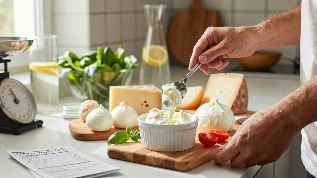 Mãos a colher creme num recipiente rodeado por queijos, tomate e manjericão numa bancada de cozinha.