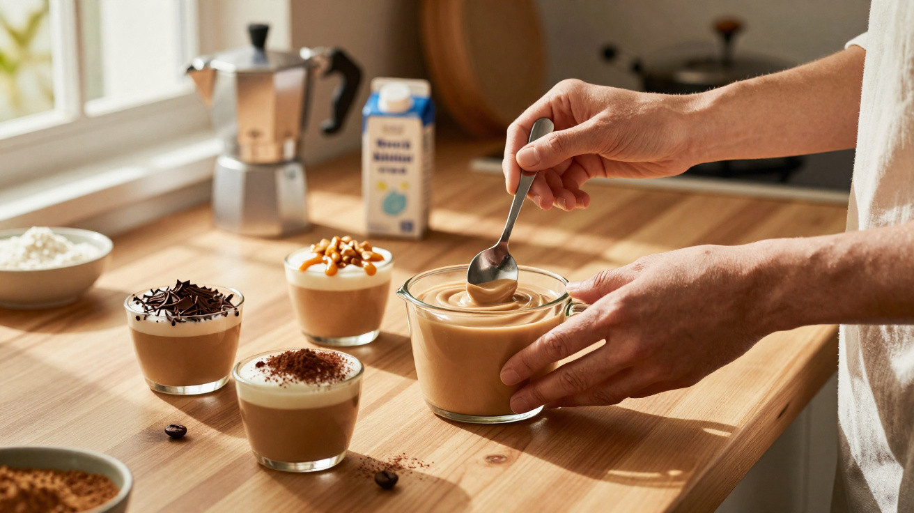 Mãos a preparar café whipped com vários copos decorados numa bancada de madeira iluminada.