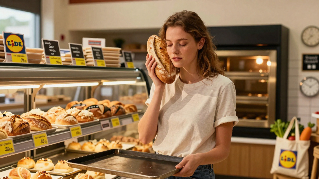Mulher jovem segura bolsa e pão no ouvido numa padaria Lidl com tabuleiro vazio numa mão.