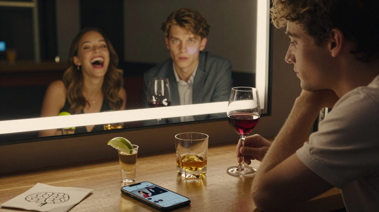 Jovem sentado sozinho com copos de bebida e telemóvel à frente, refletido num espelho com imagem de um casal feliz.