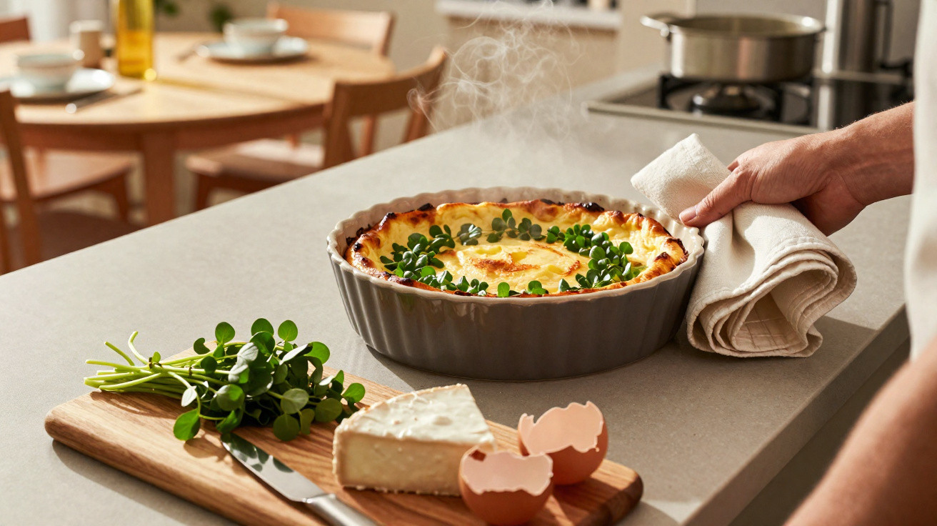 Tarte quente decorada com ervas frescas numa forma, com queijo, ovo e ervas numa tábua de cozinha.