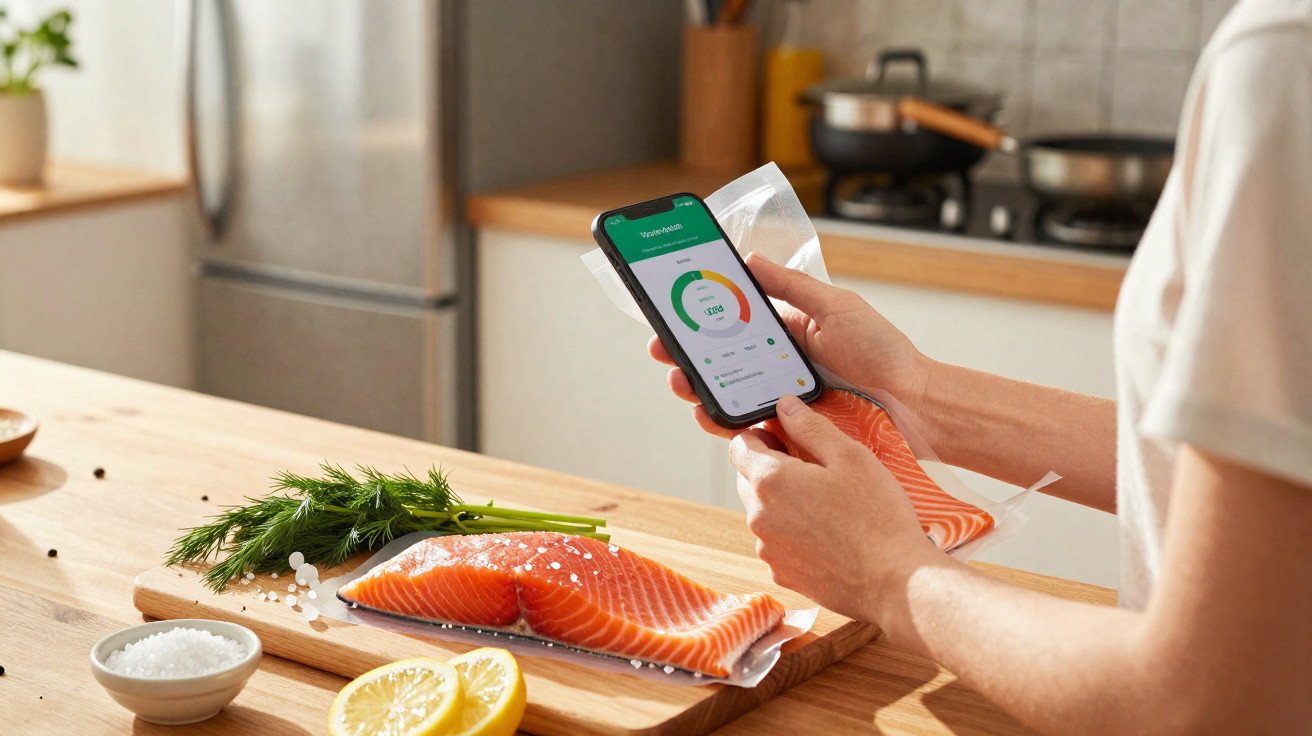 Pessoa a usar telemóvel para verificar informações nutricionais de salmão fresco numa cozinha iluminada.