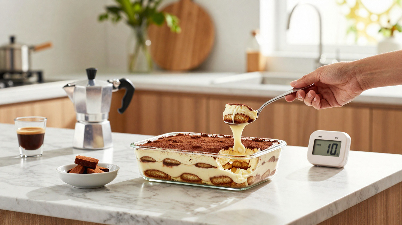 Mão a pegar tiramisù cremoso num recipiente de vidro numa cozinha com café, biscoitos e temporizador.