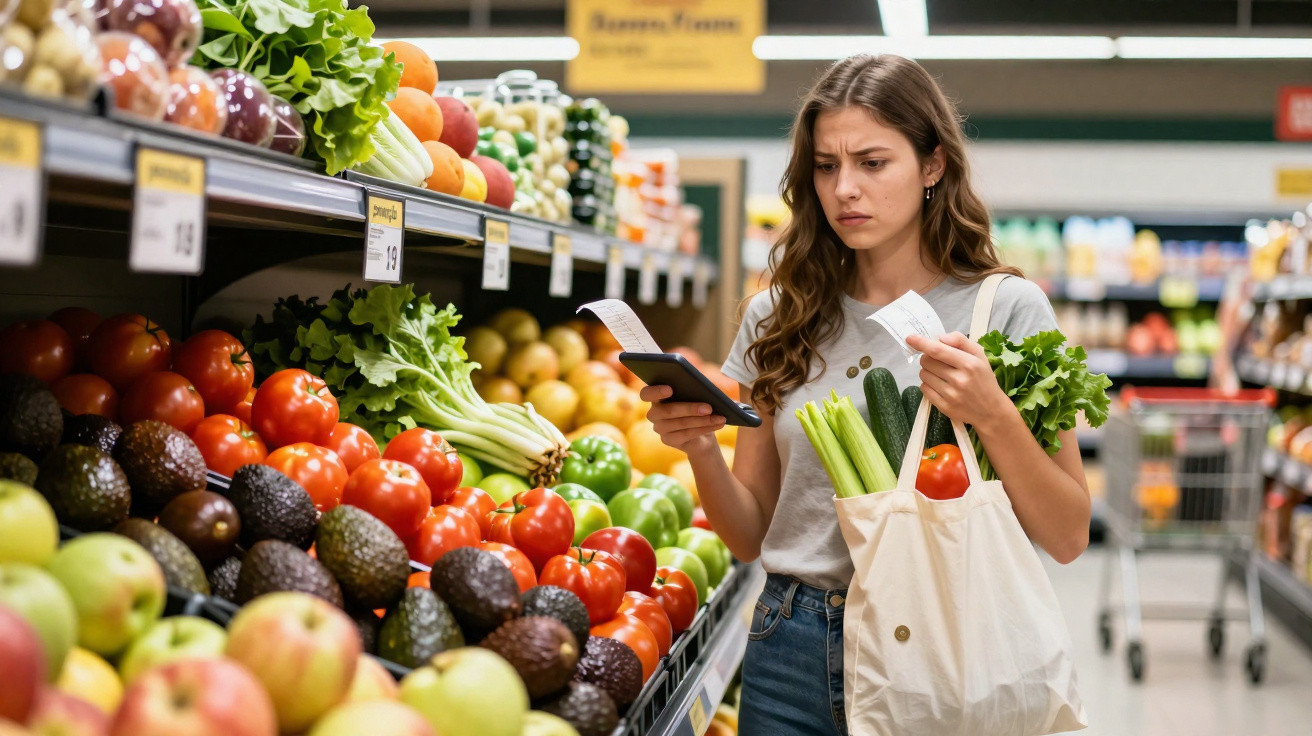 Mulher com saco de compras ecológico e lista de compras no supermercado na secção de frutas e vegetais frescos.