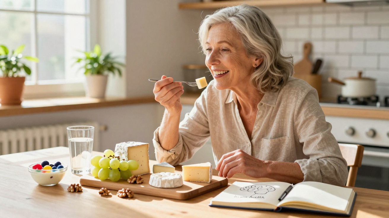 Mulher idosa sorridente a comer queijo à mesa com frutas, nozes e caderno aberto numa cozinha luminosa.