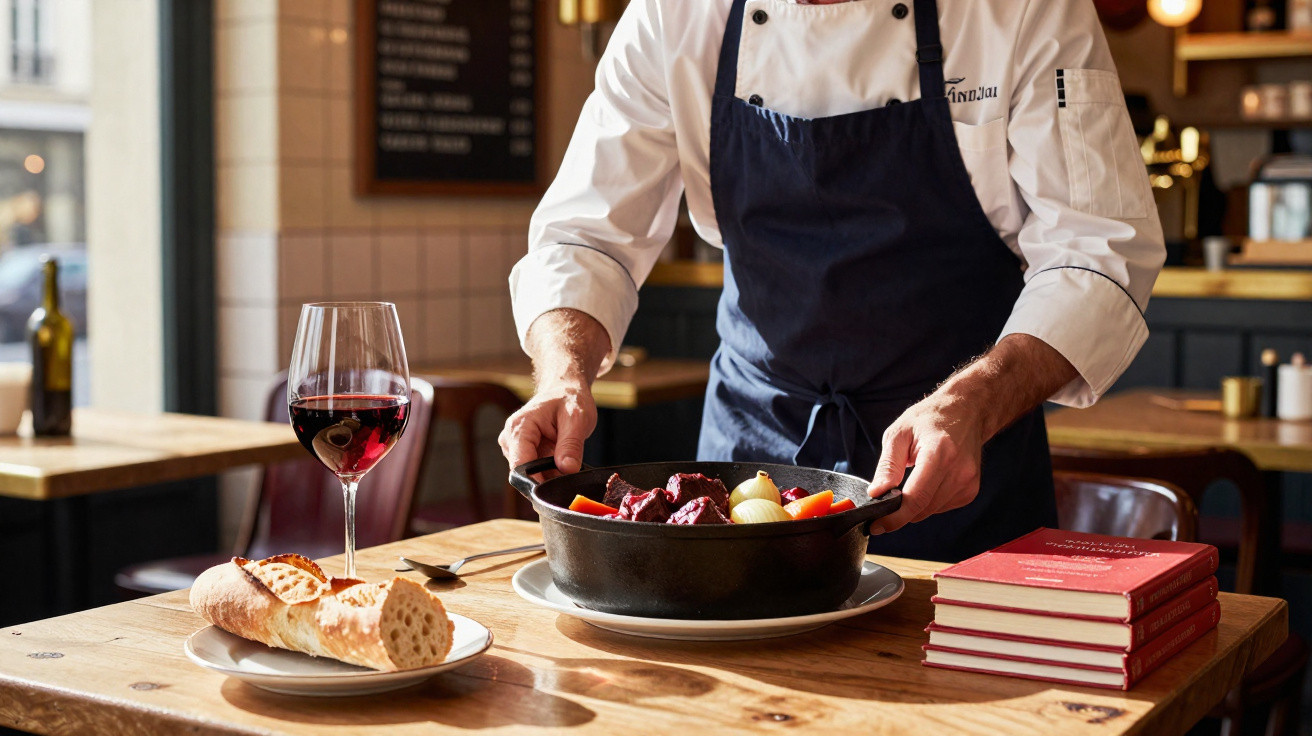 Chef com avental a servir guisado em panela preta, com taça de vinho, pão e livros numa mesa de madeira.