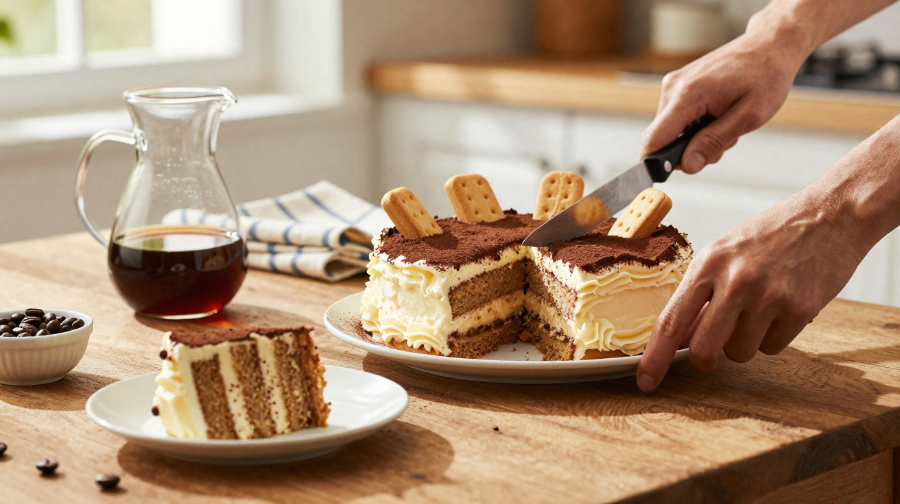 Pessoa a cortar fatia de bolo tiramisu com biscoitos em cima, ao lado jarro com café e grãos de café.
