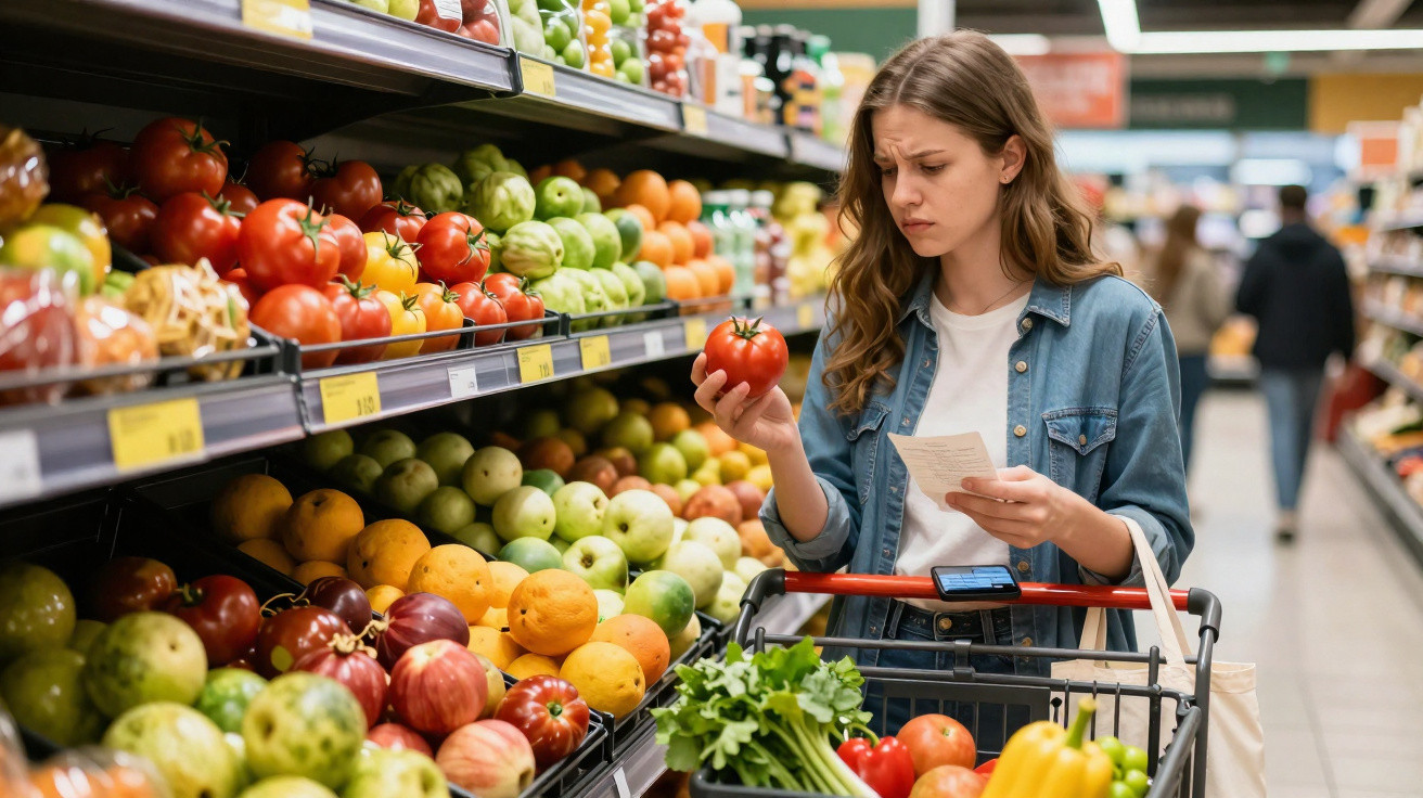 Mulher a olhar para um tomate no supermercado, com carrinho cheio de frutas e legumes.
