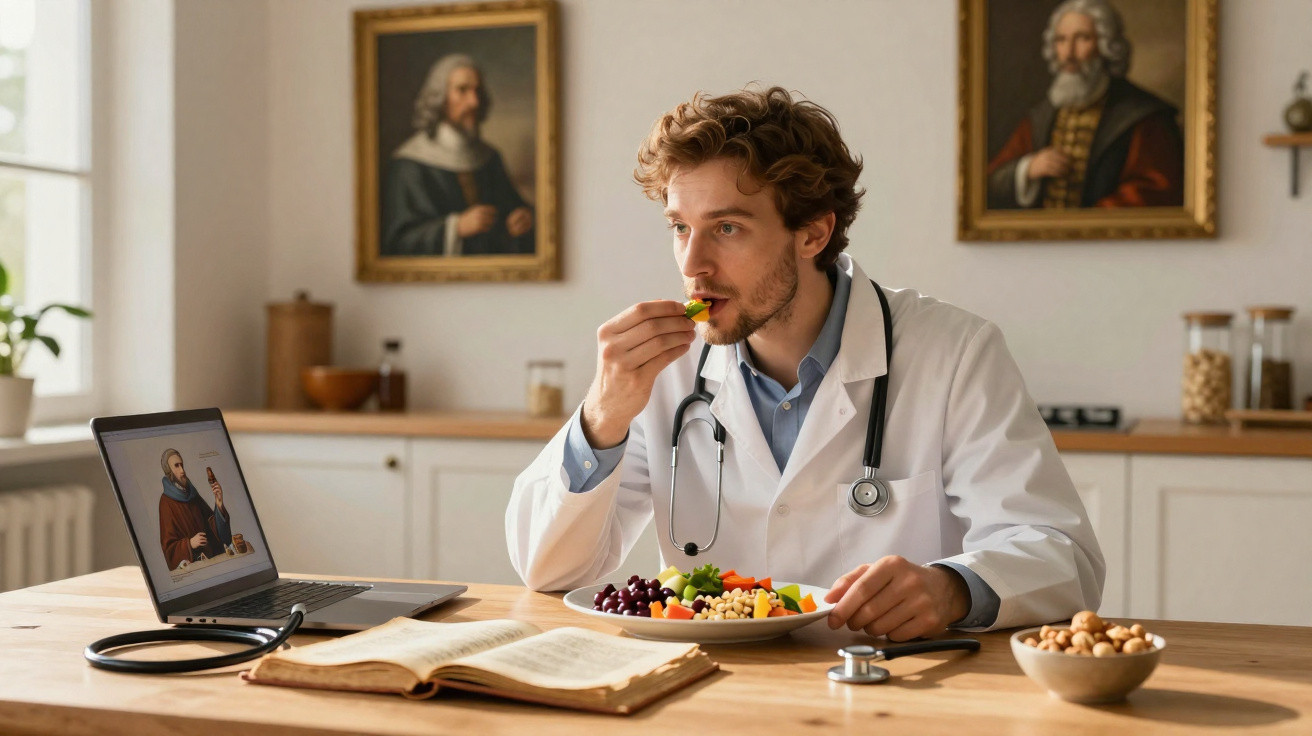 Médico em jaleco branco a comer salada numa cozinha com laptop e livros numa mesa de madeira.