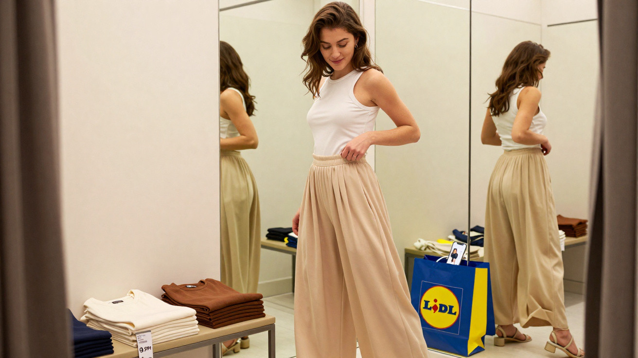 Mulher a experimentar calças largas beige em provador de loja de roupa com sacola Lidl no chão.