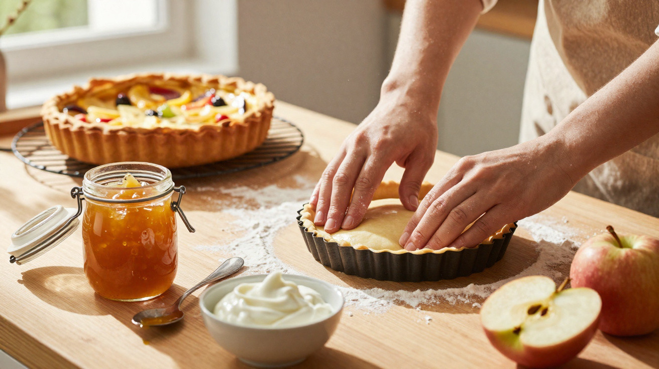 Pessoa a preparar tarte de maçã, com jarra de compota, tigela de creme e maçãs sobre mesa de madeira.