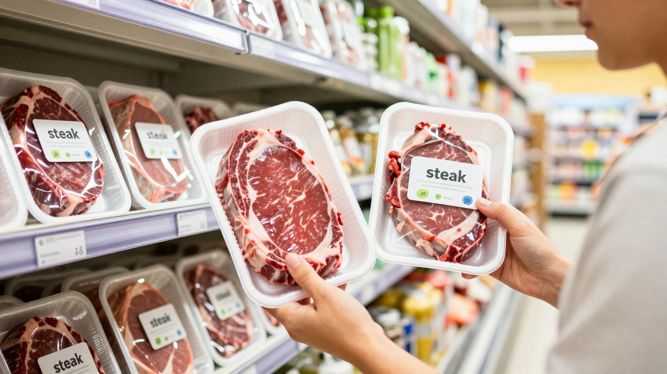 Pessoa a escolher entre dois bifes embalados num supermercado.