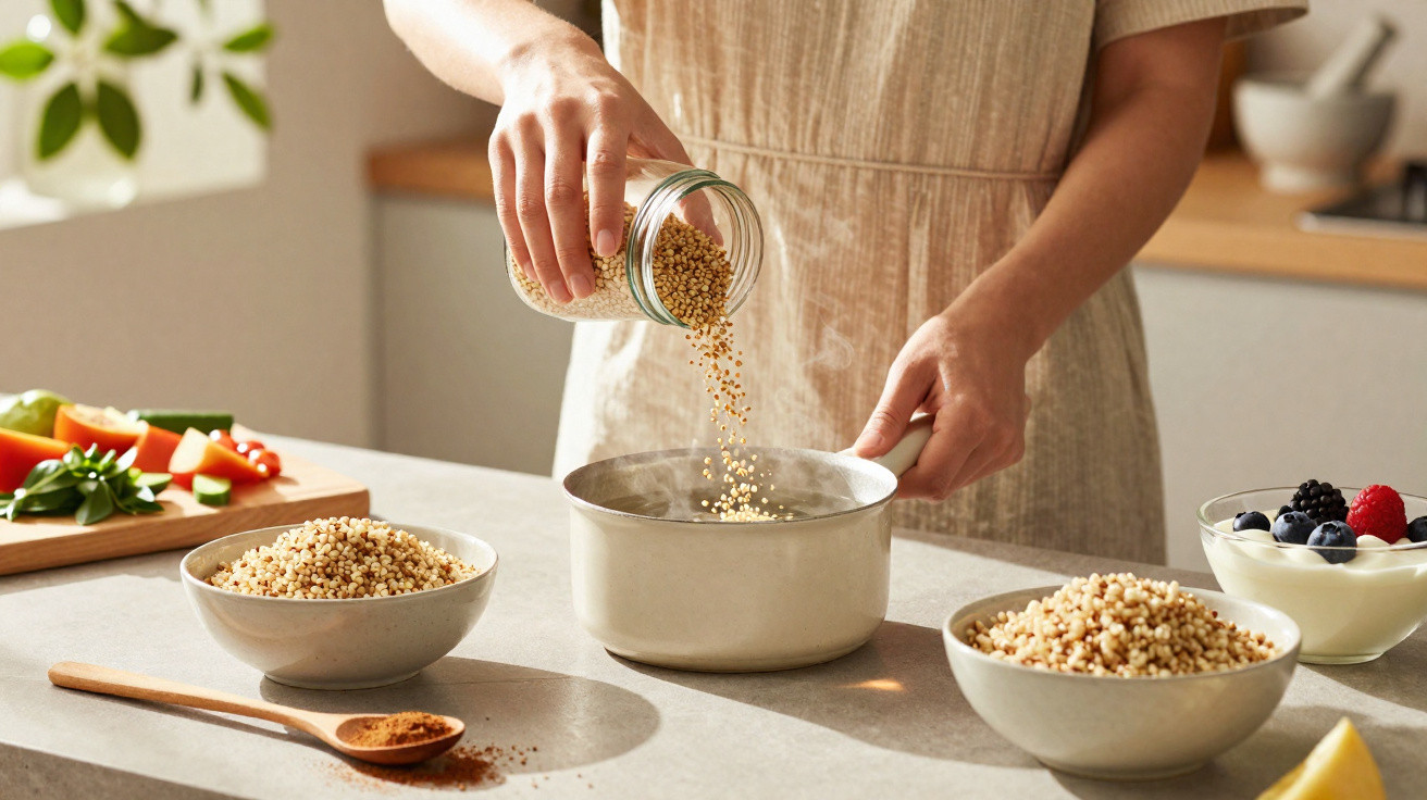 Pessoa a deitar grãos numa panela, com tigelas de grãos cozinhados e vegetais na bancada da cozinha.
