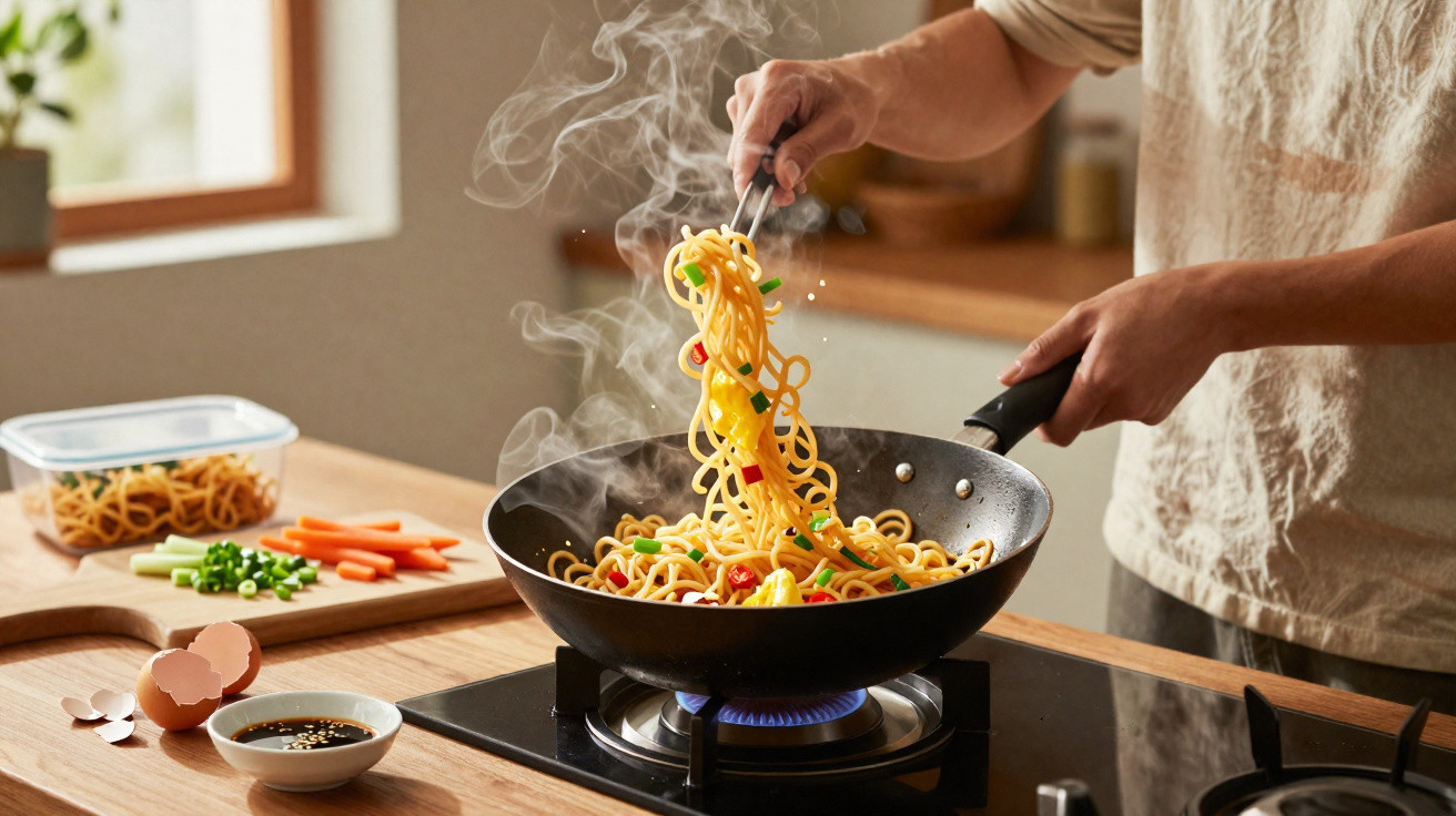 Pessoa a cozinhar noodles com legumes numa frigideira em lume num fogão de gás numa cozinha.