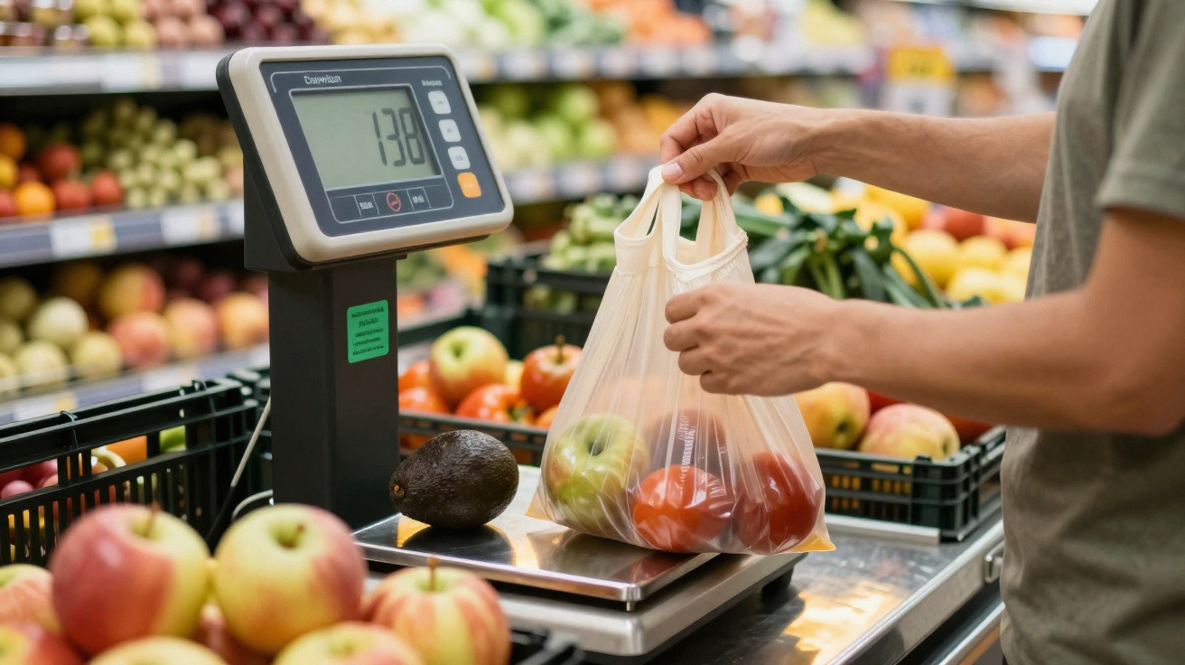 Pessoa a pesar frutas numa balança digital num supermercado com maçãs e abacate.