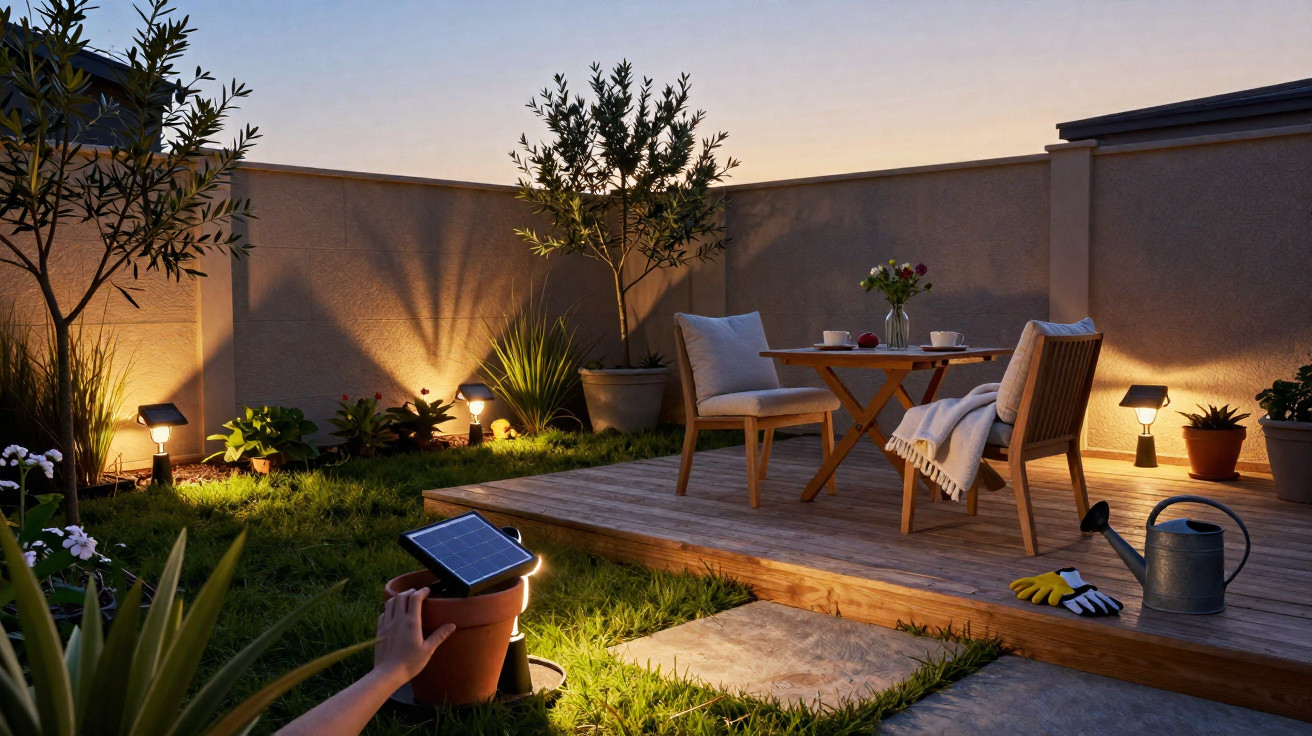 Varanda iluminada ao entardecer com mesa de madeira, cadeiras, plantas e lâmpadas solares no jardim.
