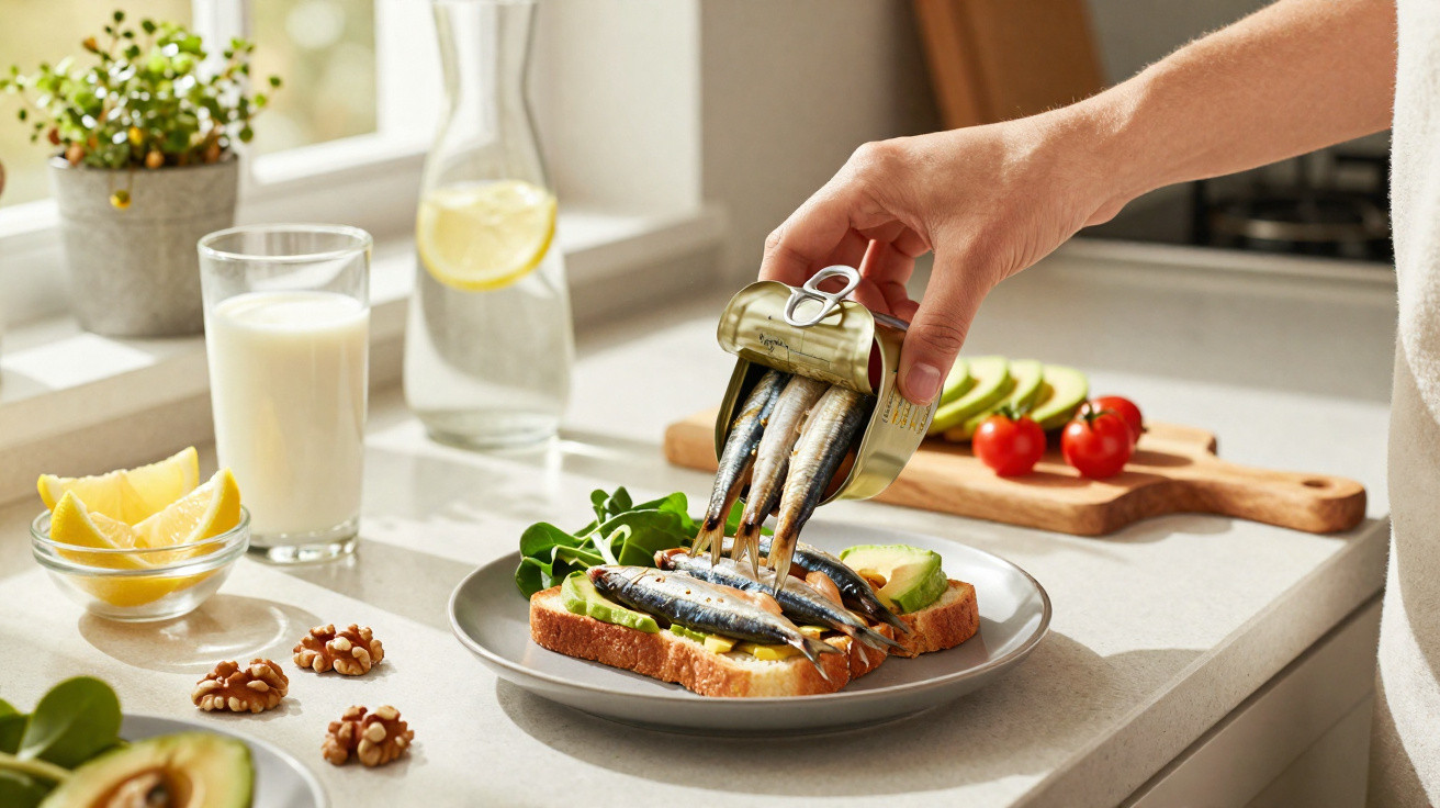 Pessoa a servir sardinhas em lata sobre tosta com abacate e vegetais numa cozinha iluminada.