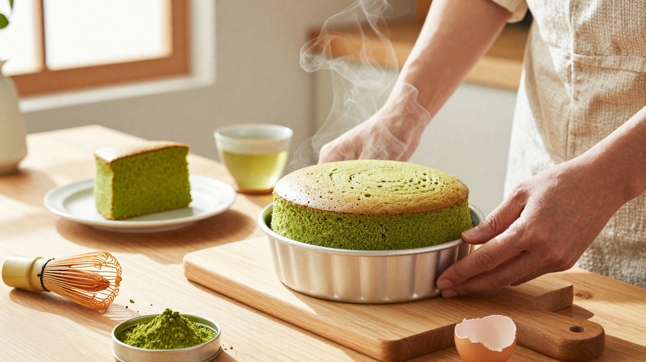 Bolo de chá verde acabado de sair do forno numa forma metálica, com fatia no prato e chá ao fundo.