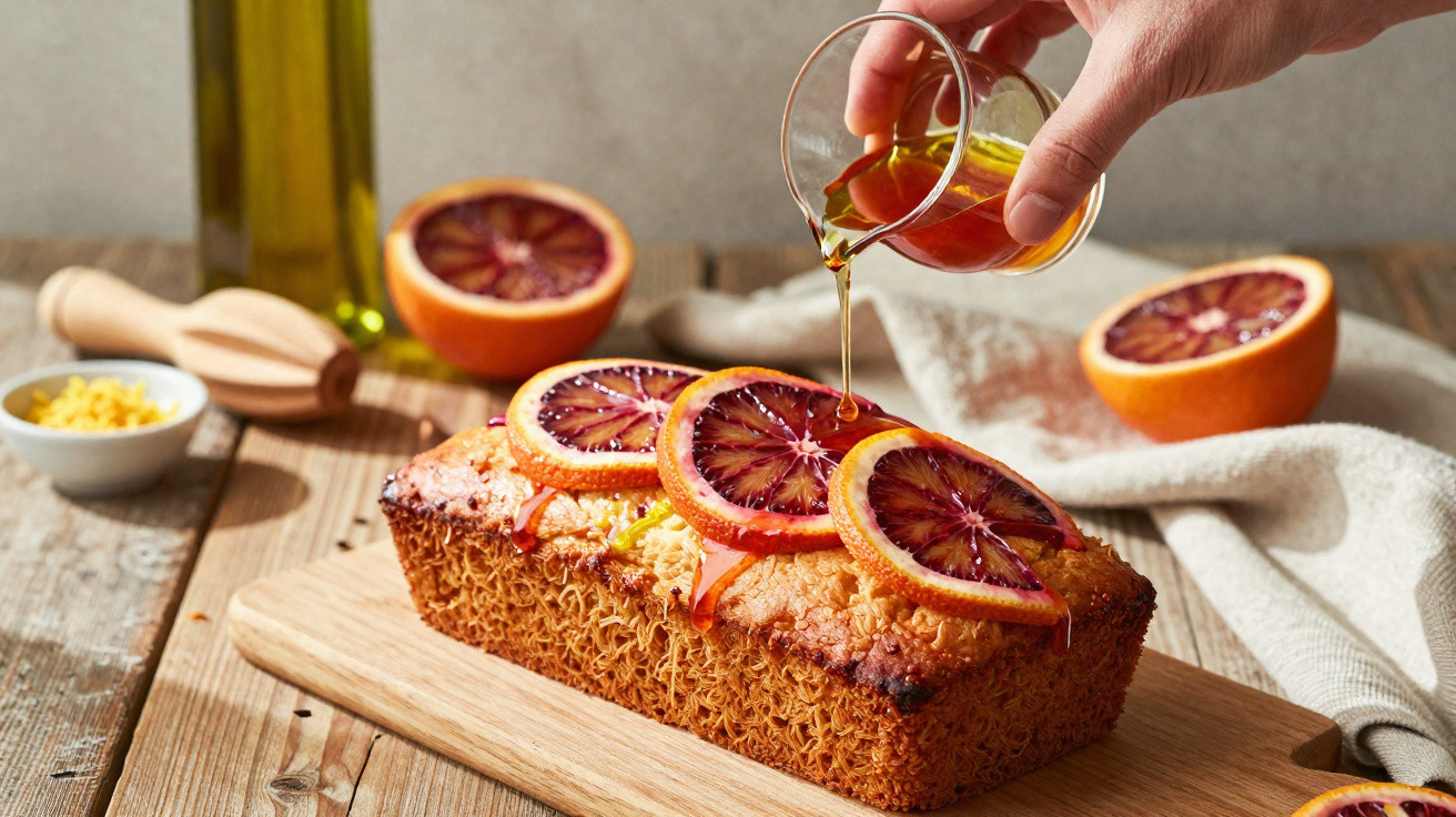 Bolo decorado com rodelas de laranja sanguínea recebe calda sendo vertida, sobre tábua de madeira.