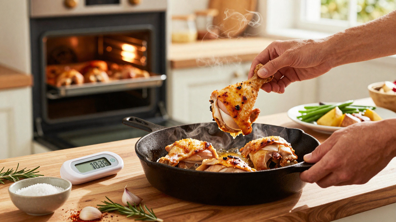 Pessoa a tirar coxas de frango assadas fumegantes de uma frigideira preta numa cozinha moderna.