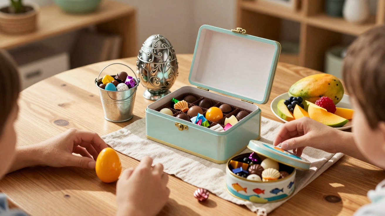Crianças a abrir caixas com chocolates e decorações de Páscoa numa mesa de madeira.