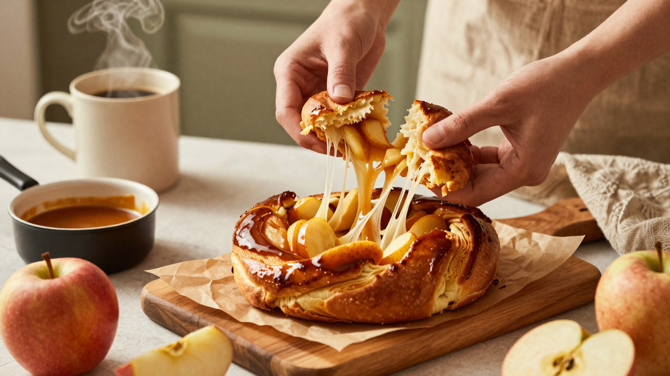 Mãos a partir um pão doce recheado com queijo derretido e maçã, com café e maçãs ao lado sobre mesa.
