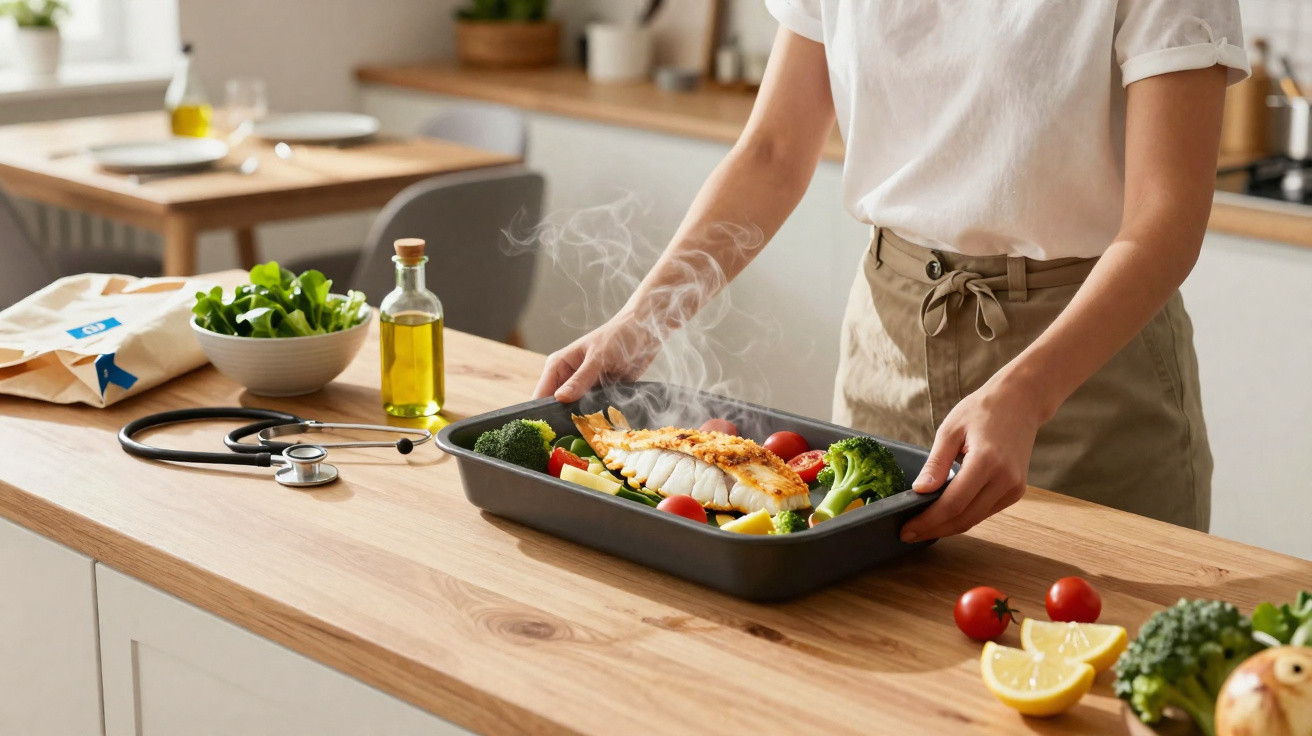 Pessoa a servir prato de peixe grelhado com legumes frescos numa cozinha moderna.
