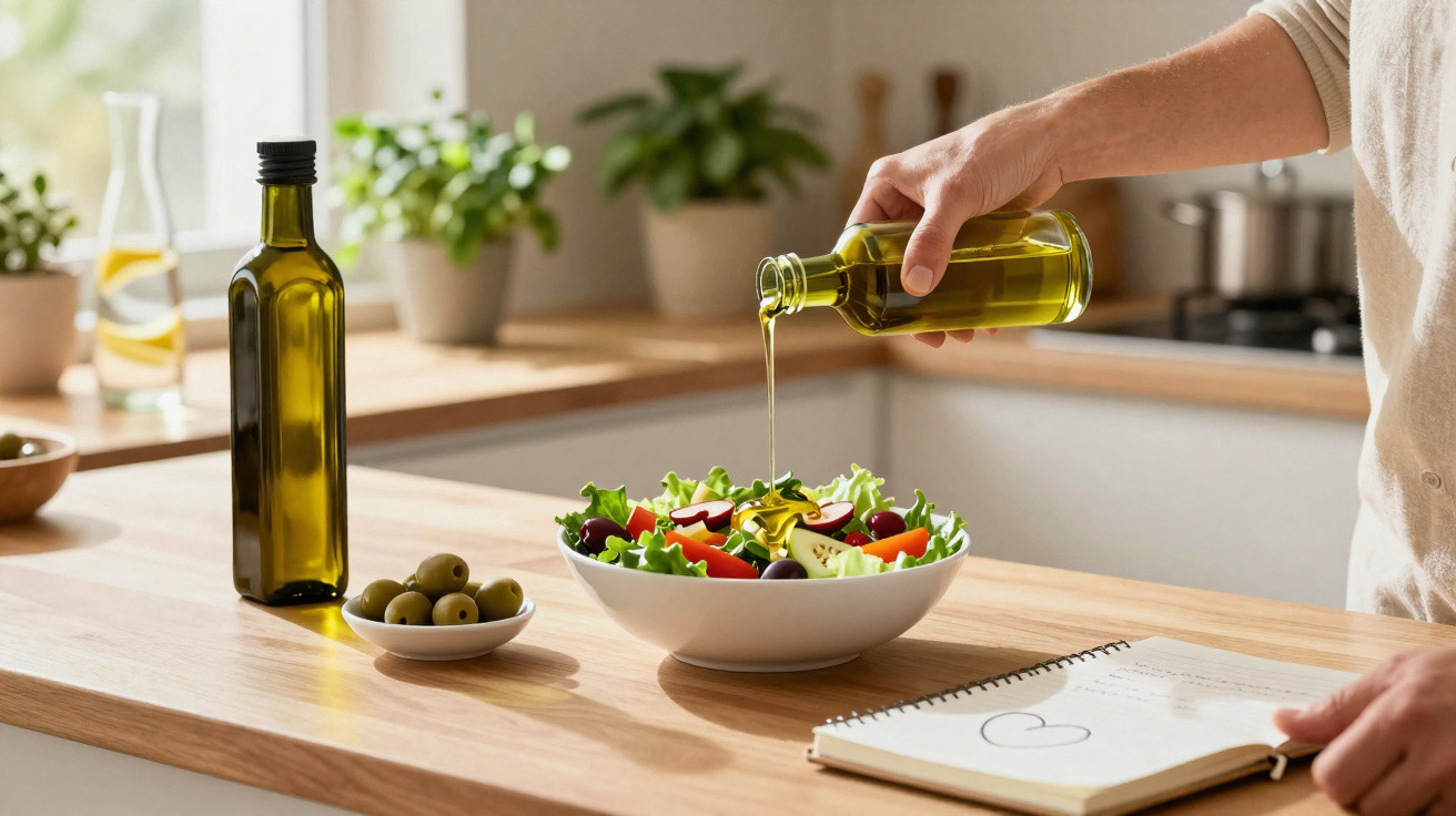 Pessoa a colocar azeite numa salada de legumes frescos numa cozinha iluminada e moderna.
