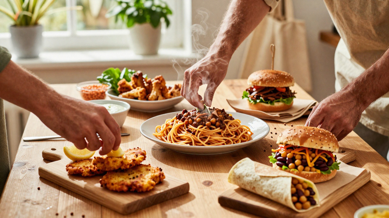 Mesa de madeira com várias refeições vegetarianas, incluindo hambúrgueres, esparguete, tortilha e batatas fritas caseiras.