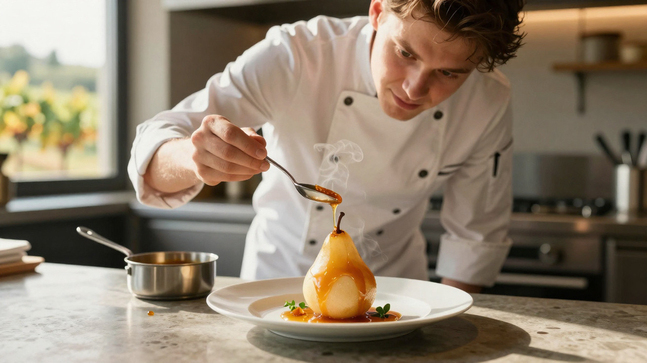 Chef a decorar uma pêra cozida com molho caramelizado numa cozinha profissional moderna.