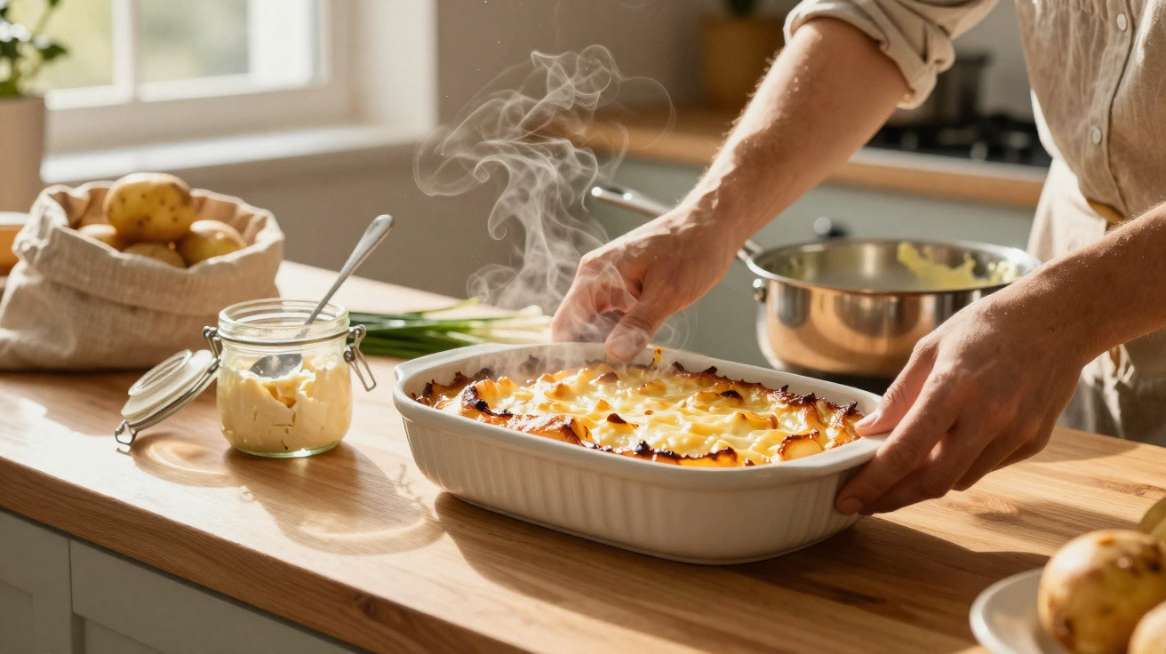 Mãos retirando tabuleiro com gratinado fumegante numa cozinha iluminada, com batatas e manteiga na bancada.