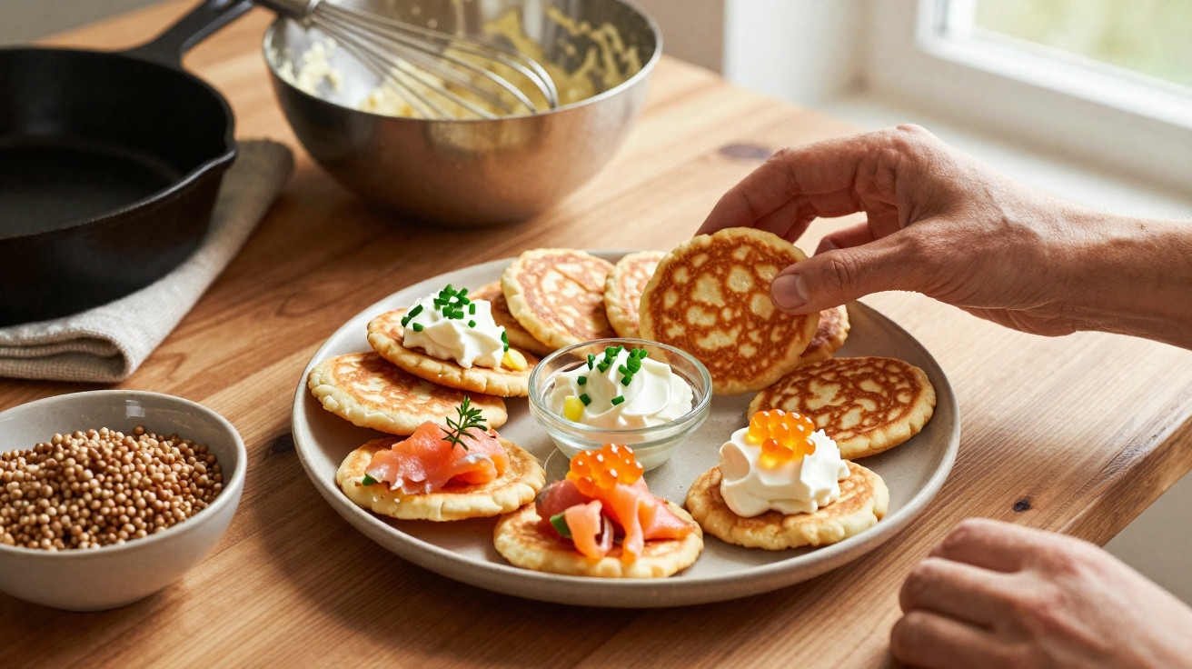 Mãos a retirar mini panquecas num prato com toppings de salmão, natas e caviar, sobre mesa de madeira.