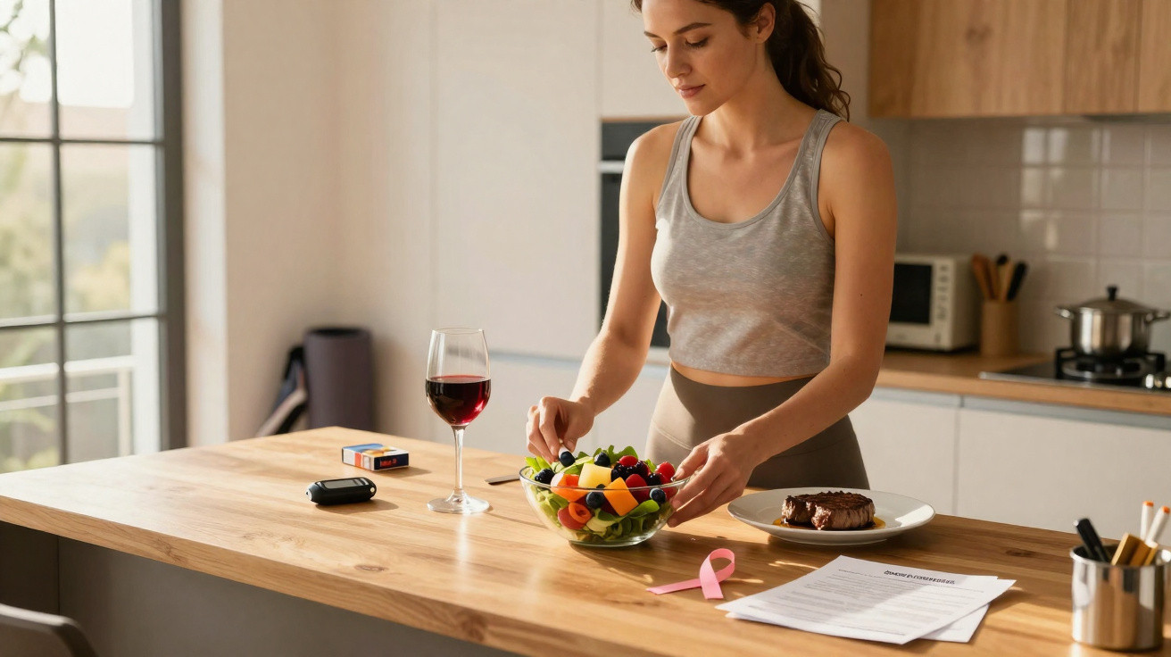 Mulher prepara salada de frutas na cozinha moderna com taça de vinho e fita rosa sobre a mesa.