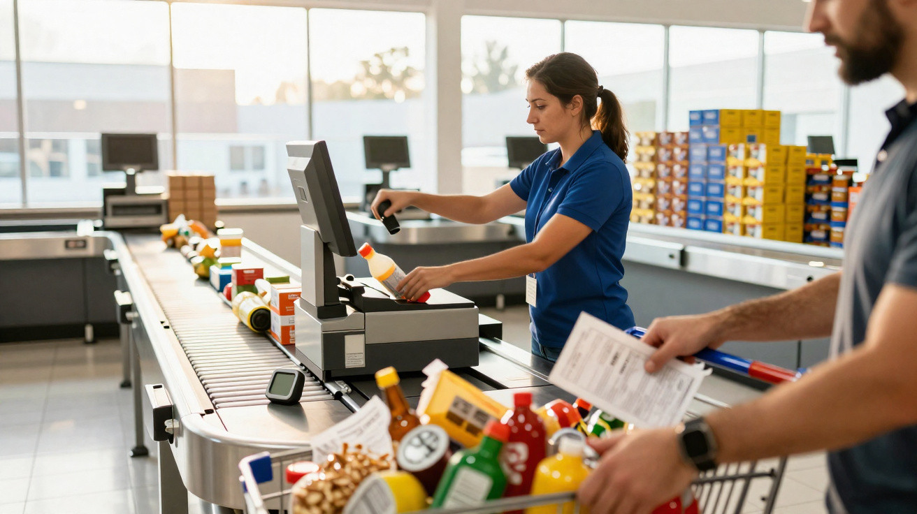 Funcionária a passar código de barras de produto na caixa de supermercado com cliente a aguardar.