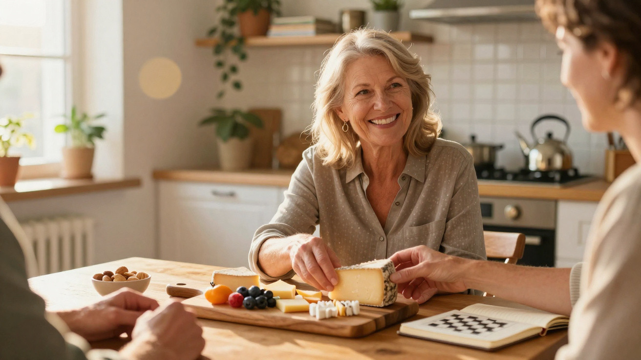 Mulher sorridente a cortar queijo numa tábua com frutas, durante conversa à mesa de cozinha iluminada.