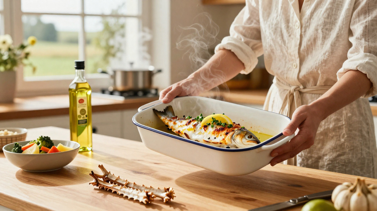 Pessoa a segurar travessa com peixe assado, com legumes, azeite e alho numa cozinha luminosa.