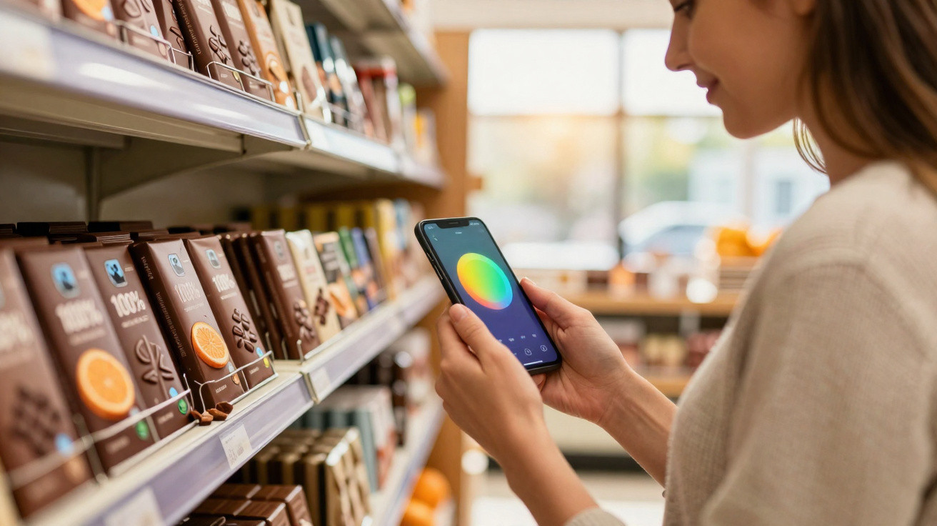 Mulher a utilizar telemóvel para comparar produtos numa prateleira de chocolates num supermercado.
