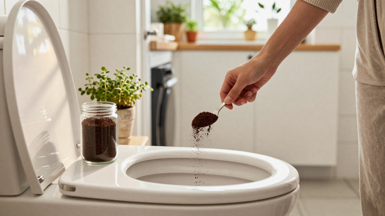 Pessoa a deitar café moído num vaso sanitário, com frasco de café e plantas ao fundo.