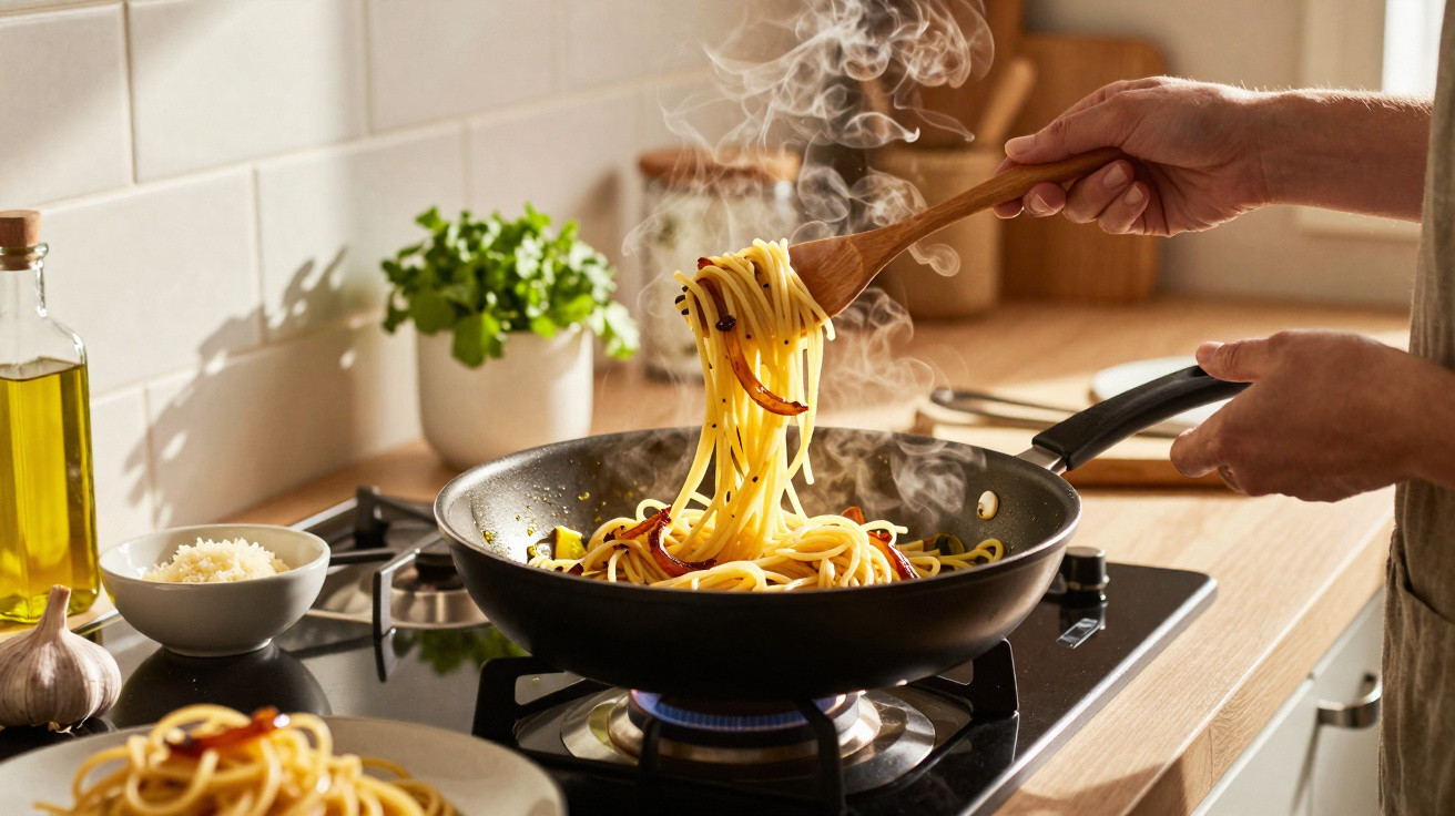 Pessoa a cozinhar esparguete numa frigideira fumegante numa cozinha luminosa e acolhedora.