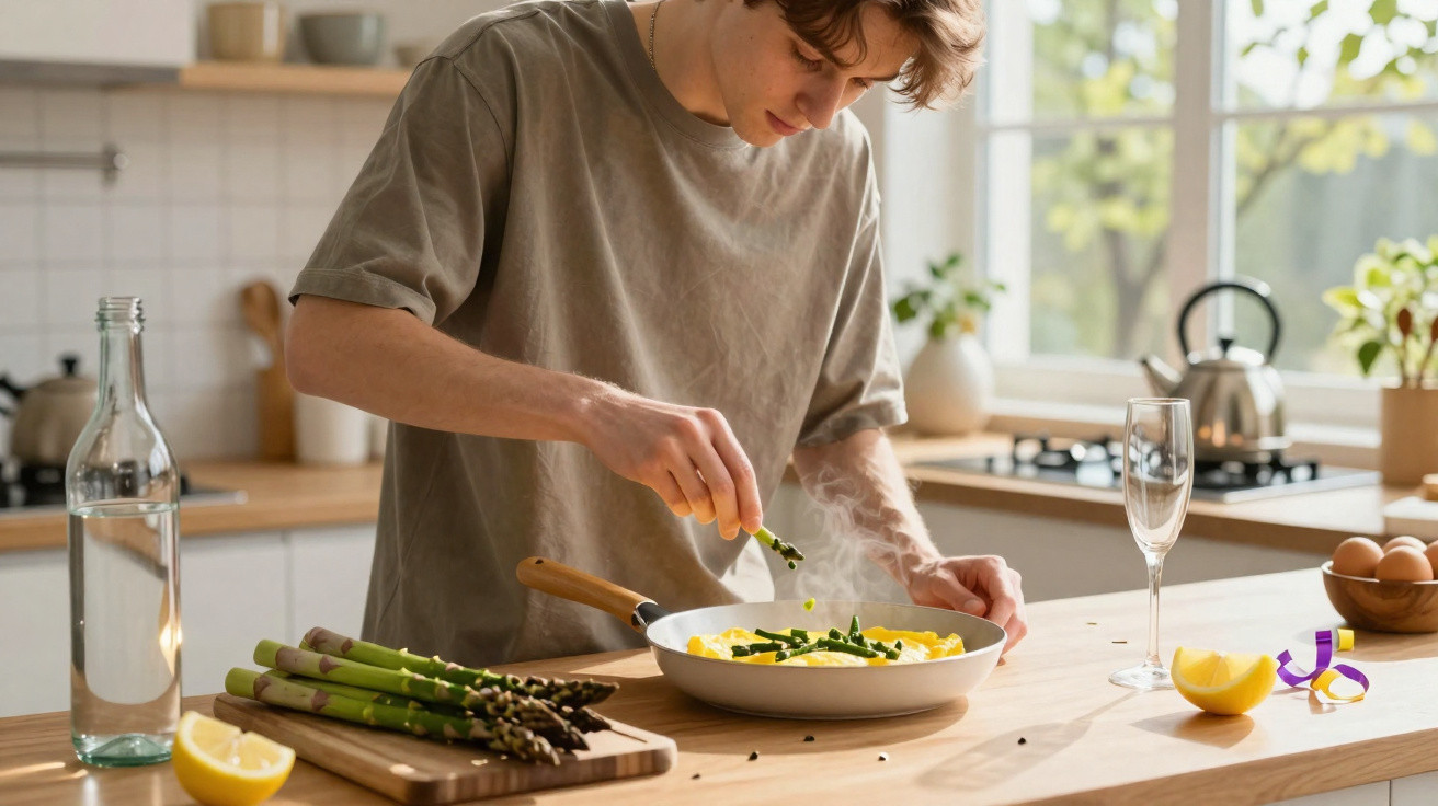 Jovem a preparar omelete com espargos numa cozinha luminosa com utensílios e ingredientes na bancada.